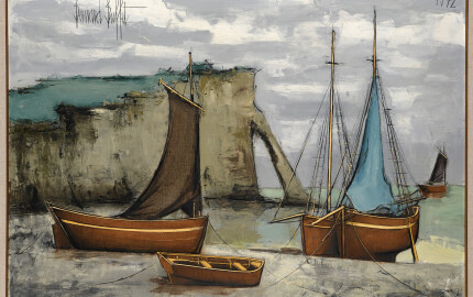 Cette toile, Étretat, barques aux pieds des falaises de Bernard Buffet sera aux enchères chez HVMC en juillet.