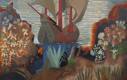 Ce panneau décoratif mural, Caravelle dans les iles est l'oeuvre des peintres suisses Jean Dunand et François-Louis Schmied. Cette oeuvre est estimée entre 130.000 et 250.000 euros.