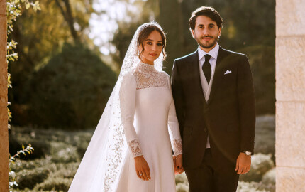 La princesse Iman et son époux Jameel Alexander Thermiotis, le jour de leur mariage à Beit Al Urdun à Amman en Jordanie, le 12 mars 2023.