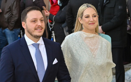 Theodora de Grèce et son mari, Matthew Kumar, au mariage de Nicolas de Grèce et Chrysi Vardinoyannis, le 7 février 2025.
