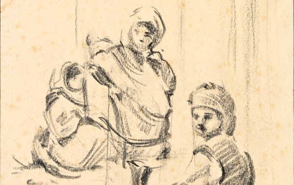 "Groupe d’enfants jouant dans une rue de la casbah de Tunis", fusain sur papier signé Alexandre Roubtzoff . 