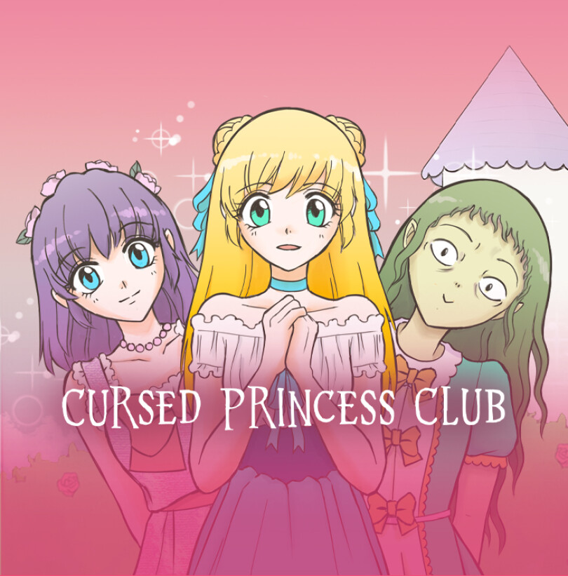 Visuel du webtoon Cursed Princess Club, avec trois princesses sur la couverture.